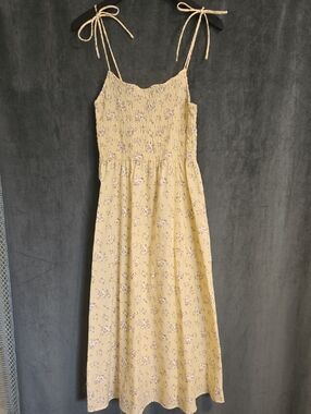 Divided Yellow Floral Tie-Strap Midi Dress